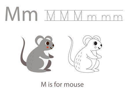 Alphabet tracing worksheet with letter M. Coloring page with cute cartoon mouse. Handwriting practice for kids.のイラスト素材
