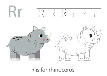 Alphabet tracing worksheet with letter R. Coloring page with cute cartoon rhinoceros. Handwriting practice for kids.のイラスト素材