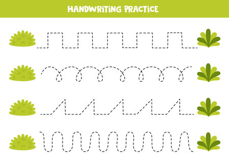 Tracing lines for kids. Cute cartoon green bushes. Handwriting practice for children.のイラスト素材
