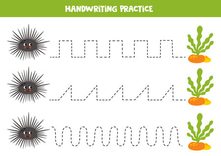 Tracing lines for kids. Cute cartoon sea urchin and seaweeds. Handwriting practice for children.のイラスト素材