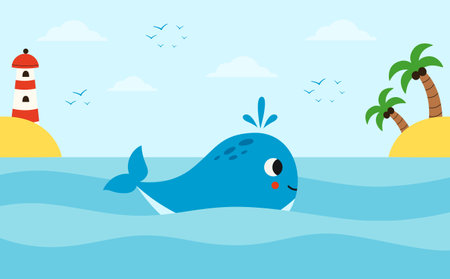 Vector illustration of cartoon cute whale in sea. Marine life.のイラスト素材