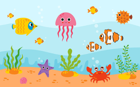 Vector illustration of cartoon cute sea animals under sea. Marine life.のイラスト素材