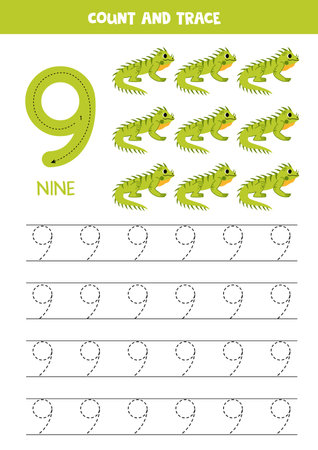 Trace numbers. Number 9 nine. Cute cartoon iguanas.のイラスト素材