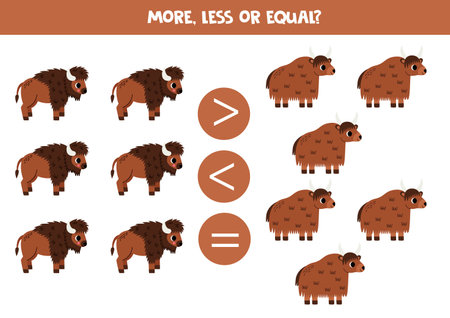 More, less or equal with cute cartoon yaks and American bisons. Comparison game for children.のイラスト素材