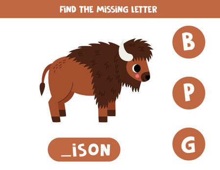 Find missing letter. Cute cartoon bison. Educational spelling game for kids.のイラスト素材