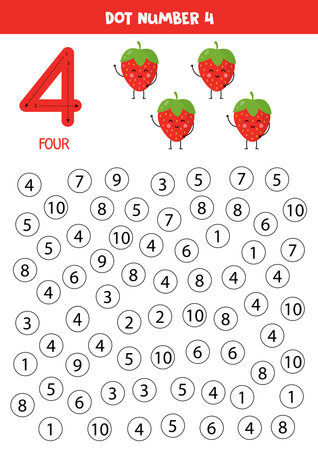 Find and dot number four. Learning number 4. Cute strawberries.のイラスト素材