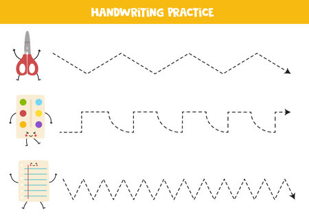Tracing lines for kids. Cute cartoon kawaii school supplies. Handwriting practice for children.のイラスト素材
