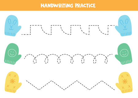 Tracing lines for kids. Cute colorful winter mittens. Handwriting practice for children.のイラスト素材