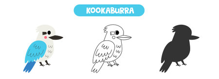 Vector illustration of cute cartoon kookaburra bird. Coloring page. Vector silhouette.のイラスト素材