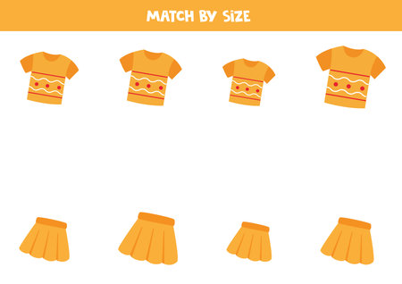 Match cartoon yellow t shirts and skirts by size. Educational logical game for kids.のイラスト素材