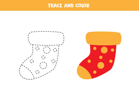 Trace and color red and yellow winter sock. Worksheet for kids.のイラスト素材