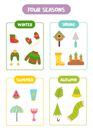Learning four seasons for kids. Educational flashcard with all seasons.のイラスト素材