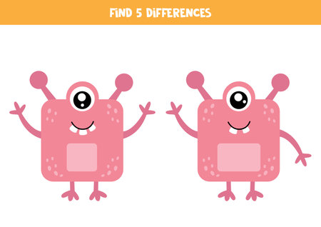 Find five differences between two pictures of cute cartoon pink monster.のイラスト素材