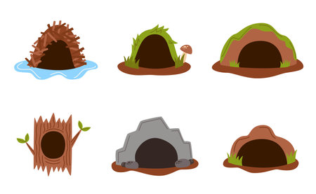 Set of woodland animal burrows on white background.のイラスト素材