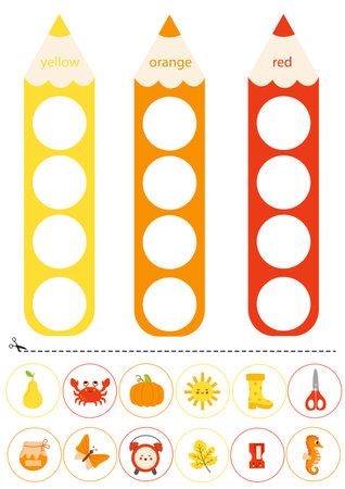 Cut and glue items according to colors. Colorful pencil. Worksheet for kids.のイラスト素材