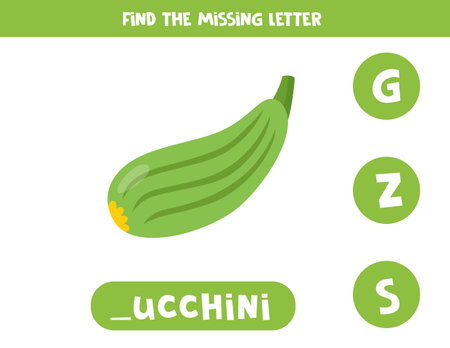 Find missing letter. Cute cartoon zucchini. Educational spelling game for kids.のイラスト素材