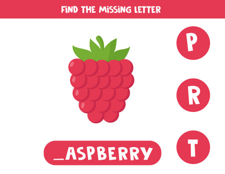 Find missing letter. Cute cartoon raspberry. Educational spelling game for kids.のイラスト素材