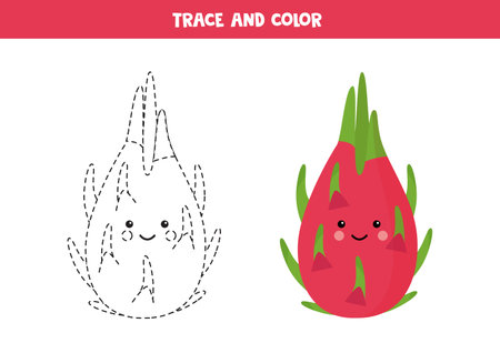 Trace and color cute kawaii dragon fruit or pitaya. Worksheet for preschool kids.のイラスト素材