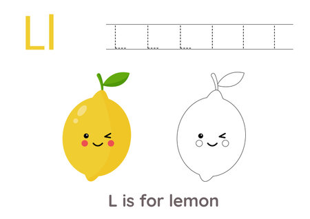 Alphabet tracing worksheet with letter L. Coloring page with cute cartoon lemon. Handwriting practice for kids.のイラスト素材