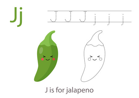 Alphabet tracing worksheet with letter J. Coloring page with cute cartoon jalapeno. Handwriting practice for kids.のイラスト素材