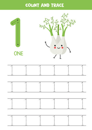 Numbers tracing practice. Writing number one. Cute cartoon fennel.のイラスト素材