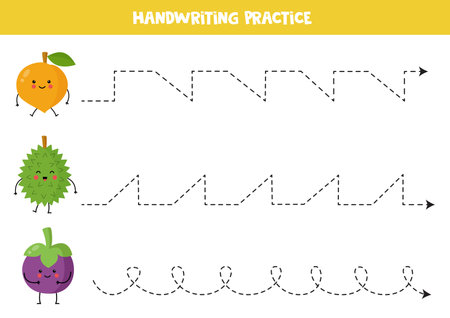 Tracing lines for kids. Cute kawaii fruits with legs. Handwriting practice for children.のイラスト素材