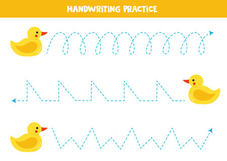 Tracing lines for kids with cute cartoon rubber duck. Handwriting practice.のイラスト素材