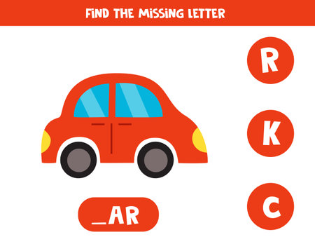 Find missing letter. Red car. Educational spelling game for kids.のイラスト素材