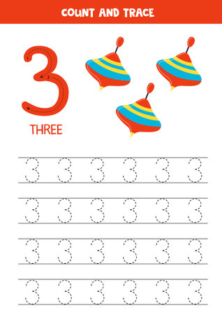Trace numbers. Number 3 three. Cute cartoon spinning tops.のイラスト素材