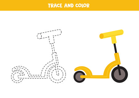 Trace and color cute cartoon yellow scooter. Worksheet for preschool kids.のイラスト素材
