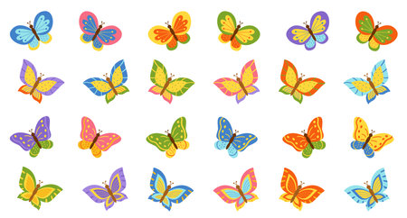Big set of flying colorful butterflies. Collection of butterflies for design.のイラスト素材