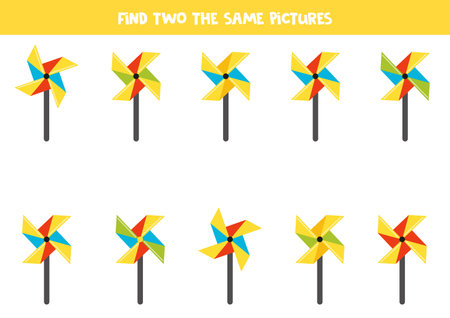 Find two the same pinwheels. Educational logical game for kids.のイラスト素材