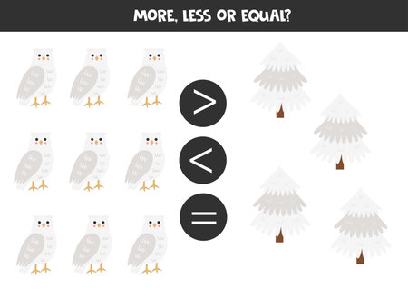 More, less, equal with cartoon white owls and snowy fir trees. Math game for kids.のイラスト素材