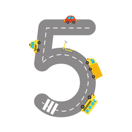 Number 5. Road numbers Children game. Learning numbers. Vector illustration.のイラスト素材