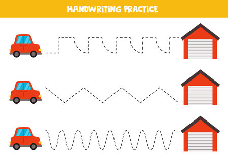 Tracing lines for kids. Cartoon red cars and garages. Handwriting practice.のイラスト素材