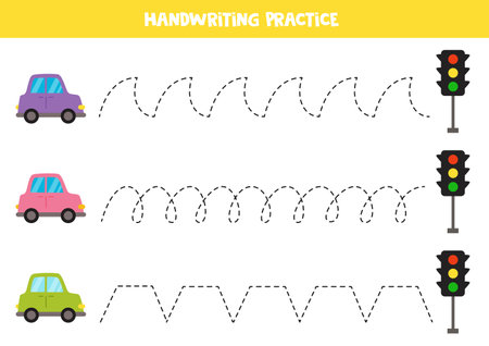 Tracing lines for kids. Cartoon colorful cars and traffic lights. Handwriting practice.のイラスト素材