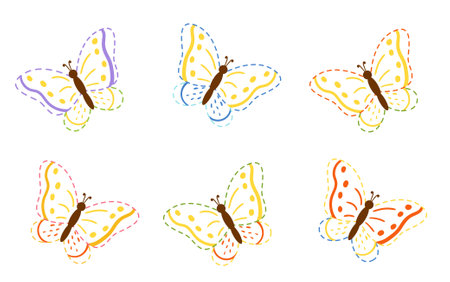 Vector illustration of colorful butteries. Trace contours of butterflies.のイラスト素材