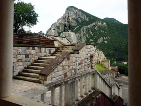 A mountain landscape view with a monumentの写真素材