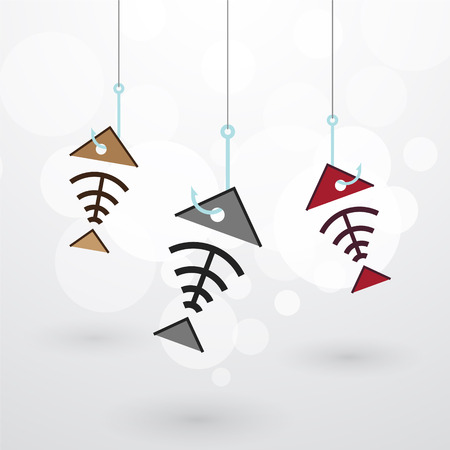 three fish skeleton on the hook with bubbles on the backgroundのイラスト素材