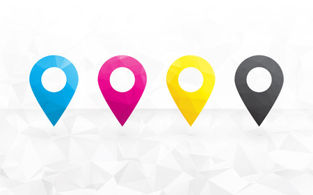 cmyk colored pins to determine the position on the map in the background triangularのイラスト素材