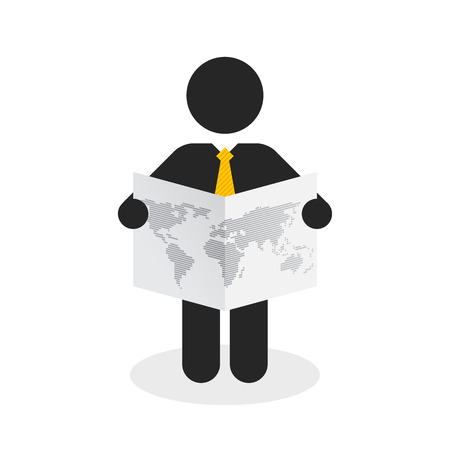 black figure with a yellow tie viewing the world mapのイラスト素材
