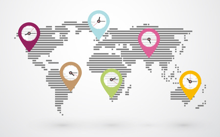 world map with pin marking time zonesのイラスト素材