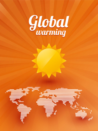Global warming sun and a map of the world on an orange backgroundのイラスト素材