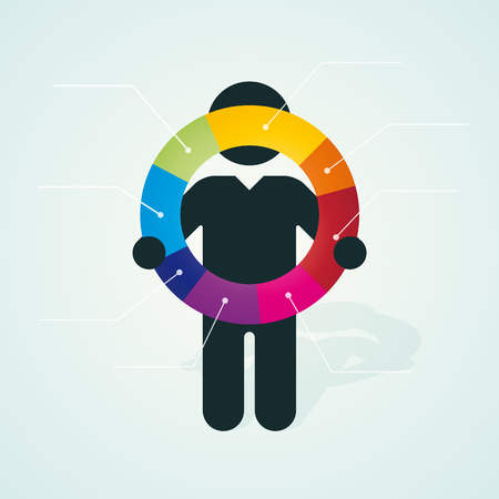 black silhouette of a man holds color pie chartのイラスト素材
