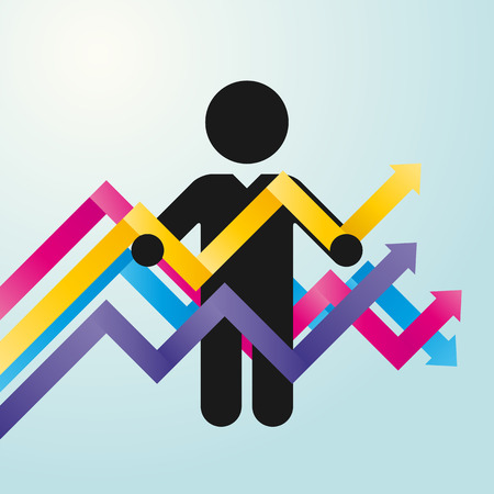 figure man holds chart of colored arrowsのイラスト素材