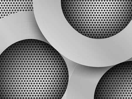 brushed metal circles on black perforated silver backgroundの写真素材