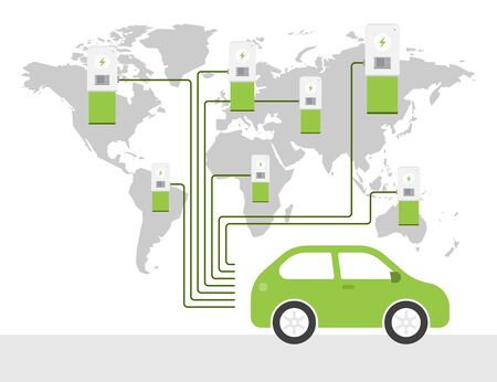 world map with charging stations for electric cars eco green energy conceptのイラスト素材