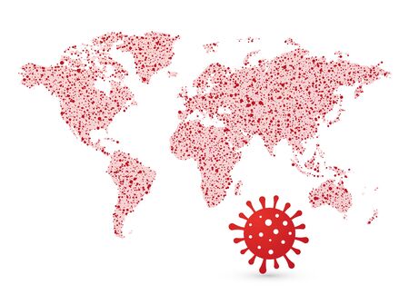 World map with red dots as dots to indicate the position of a dangerous pandemic disease virusのイラスト素材