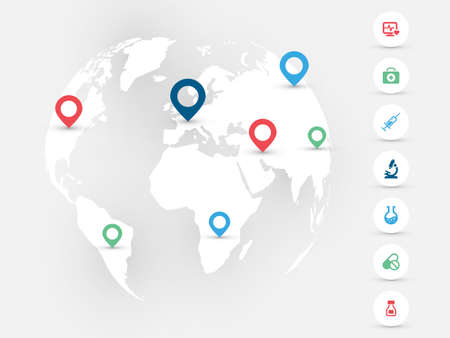 world globe europe and africa with colored pins and icons with medical themeのイラスト素材