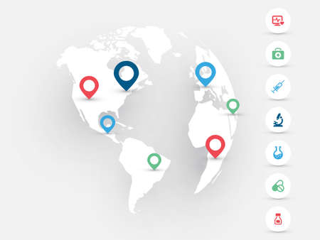 world globe america europe africa with color pins and icons with medical themeのイラスト素材